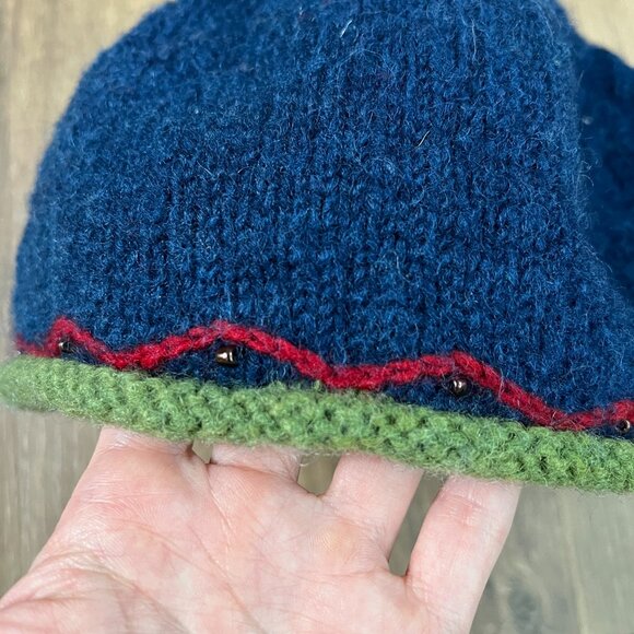 Newari Hat  Navy Wool Beanie Hat Floral Embellished Knit Fleece Lined Icelandic - Picture 6 of 9